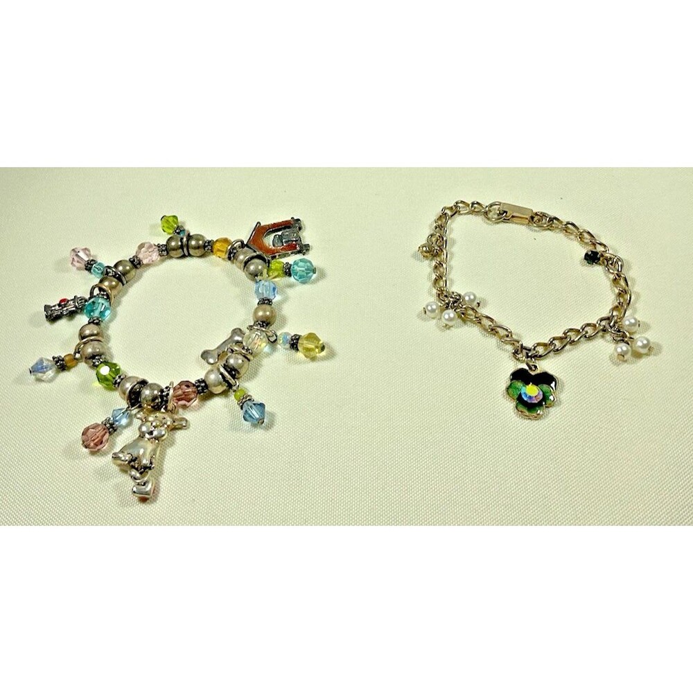 Pair Silver Tone Girl's Charm Bracelets Doggie Shamrock Hydrant Cute Classic Fun